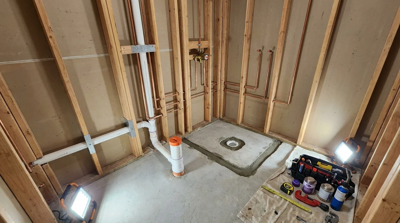 Bathroom rough-in plumbing during remodel by Johns Plumbing LLC in Thoreau