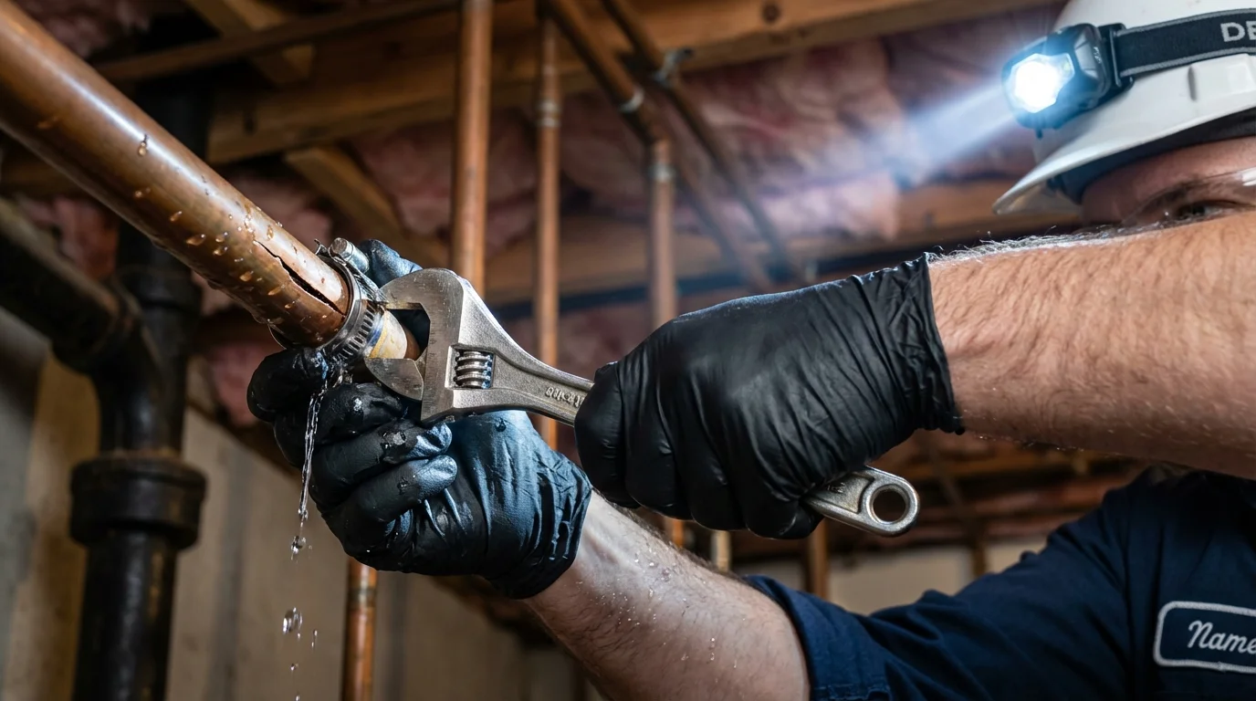 Emergency pipe clamp repair being performed by a Johns Plumbing LLC plumber in Thoreau