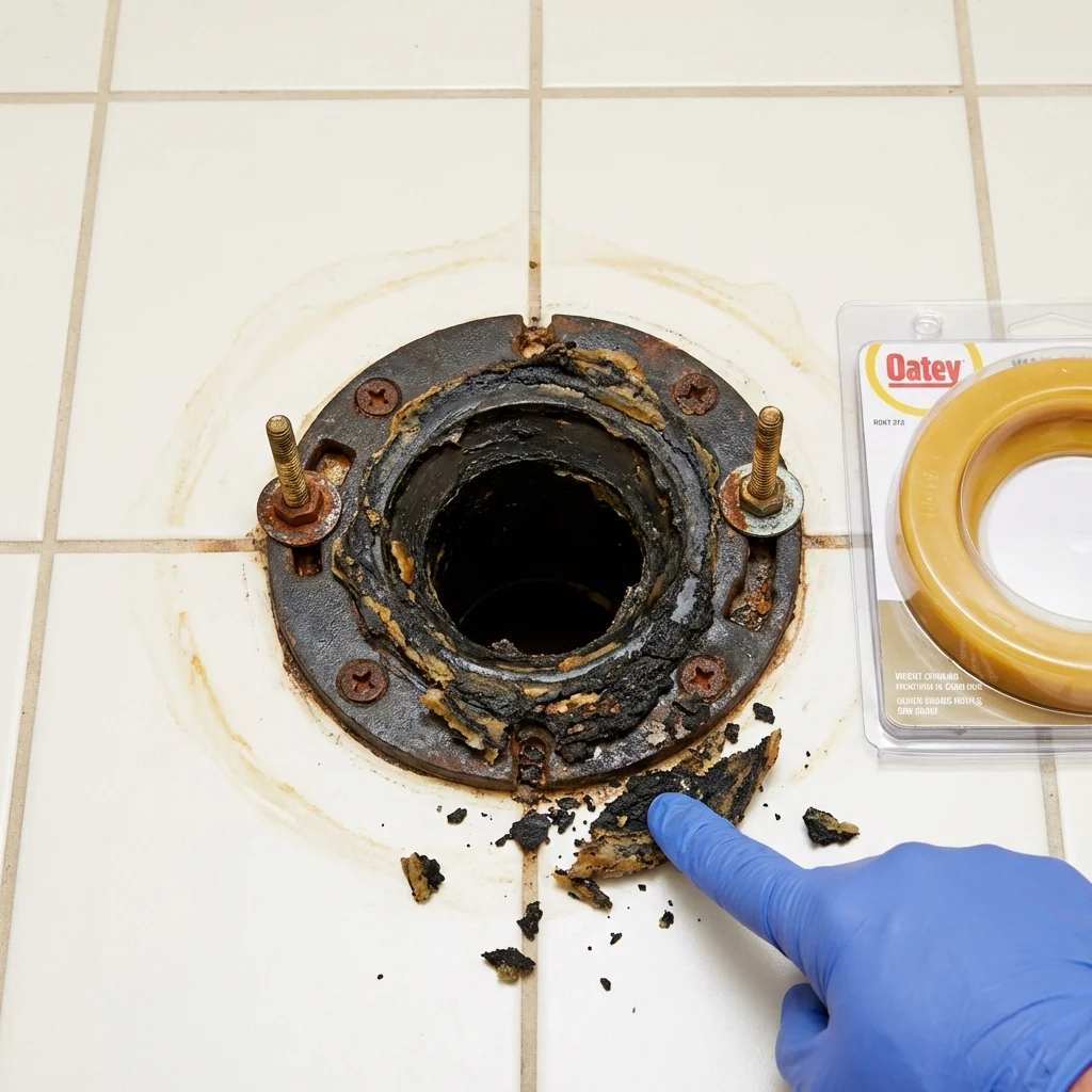 Failed wax ring showing water seepage at the base of a toilet in a Thoreau, NM home