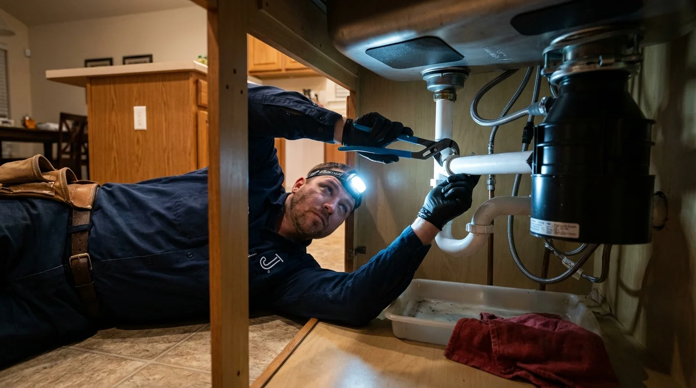 P-trap and supply line connections under a kitchen sink showing a common leak point in Thoreau, NM